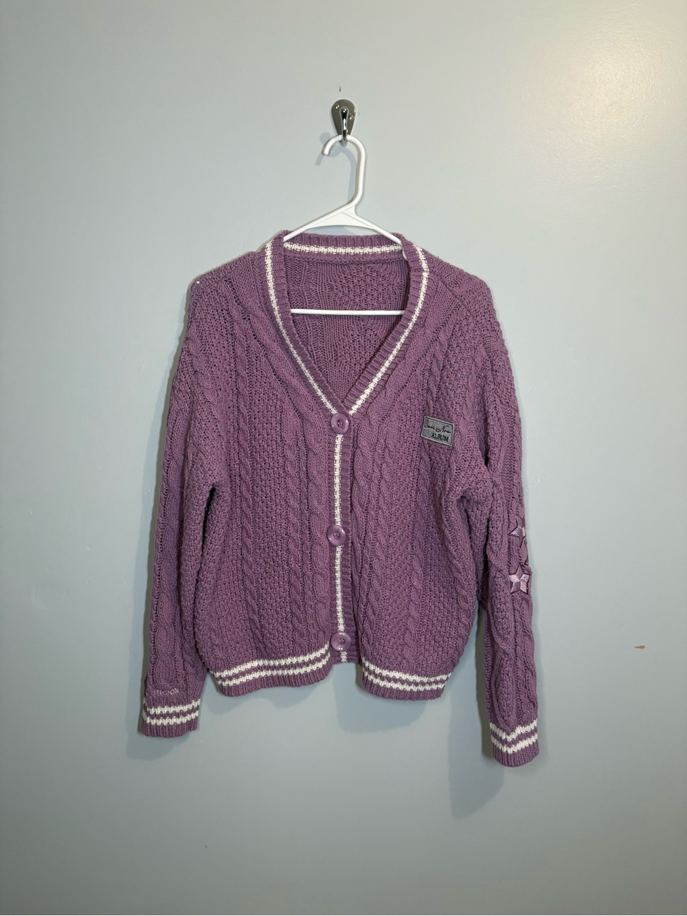 Taylor Swift Lavender Cable Knit Cardigan White Trim Medium Oversized Swiftie